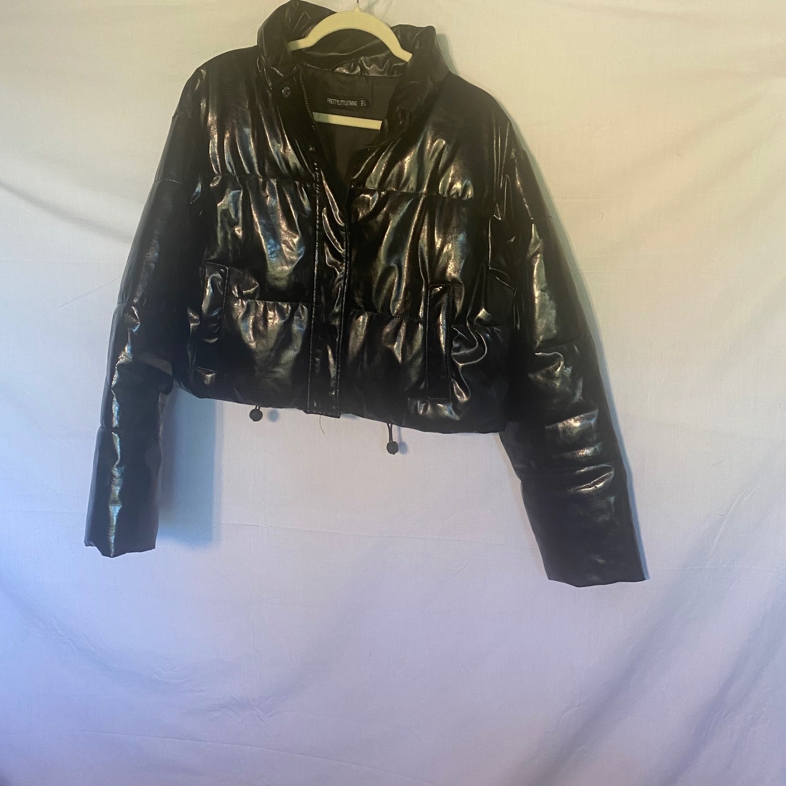 Prettylittlething Black Patent Leather Puffer Jacket Cropped Funnel Neck Sz 8
